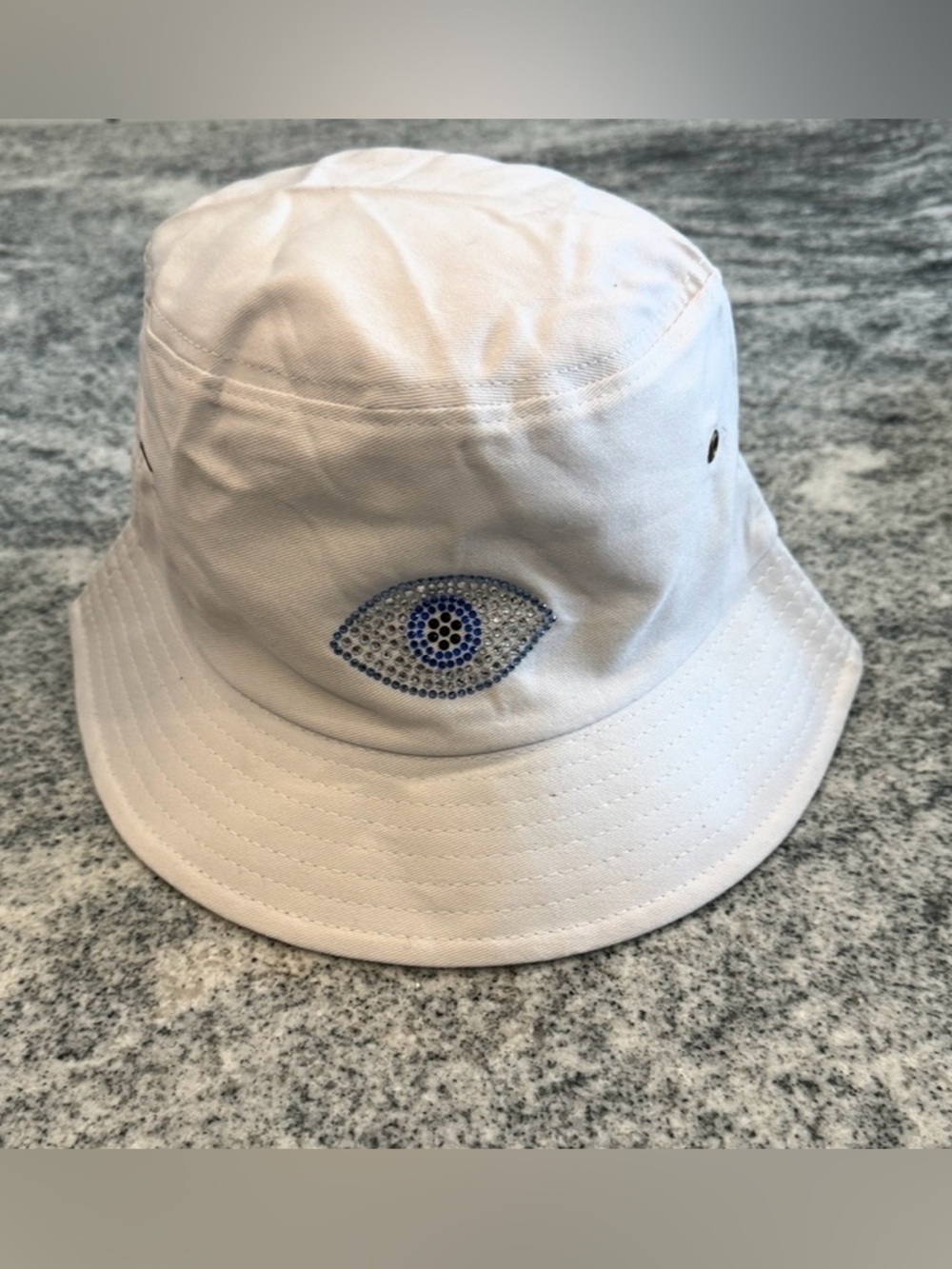 New Custom Designed White Bucket Hat with Blue& Clear Sequin Evil Eye